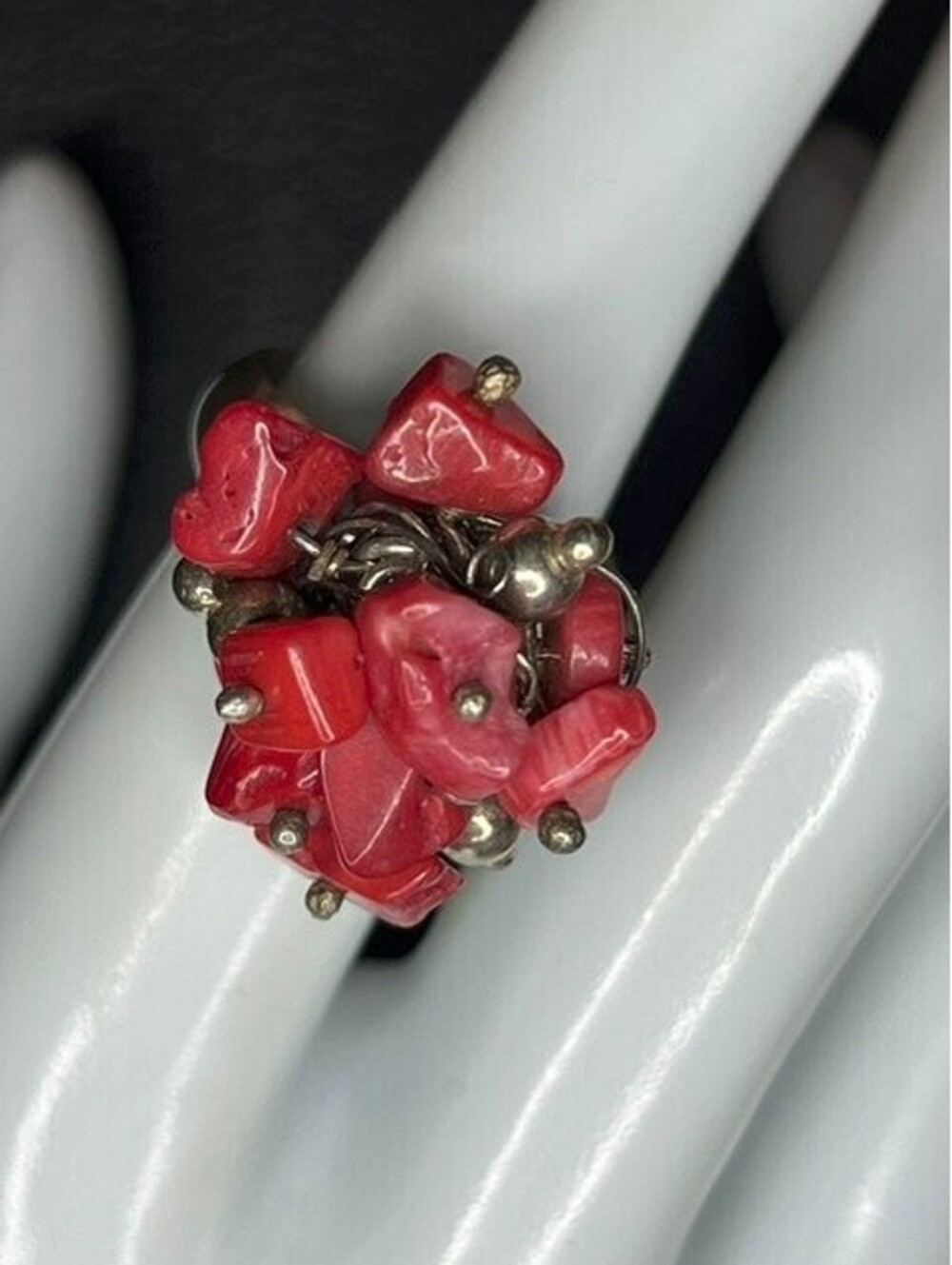 B7551 Vintage Sterling Silver Adjustable cha-cha Cluster Ring Red Coral sz 7